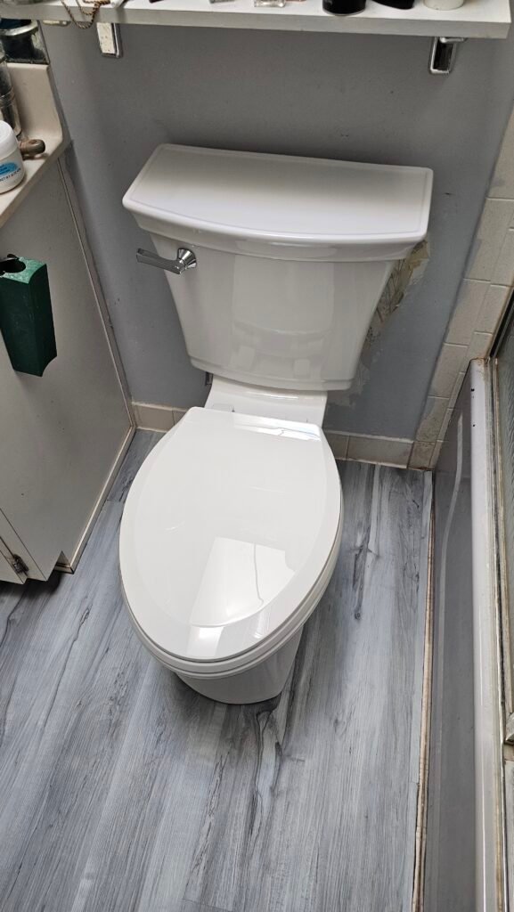 White ceramic toilet positioned on grey wood-look flooring in a renovated bathroom